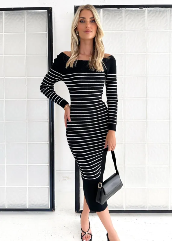 Stassy Knit Midi Dress - Black Stripe sold by Gingham & Heels