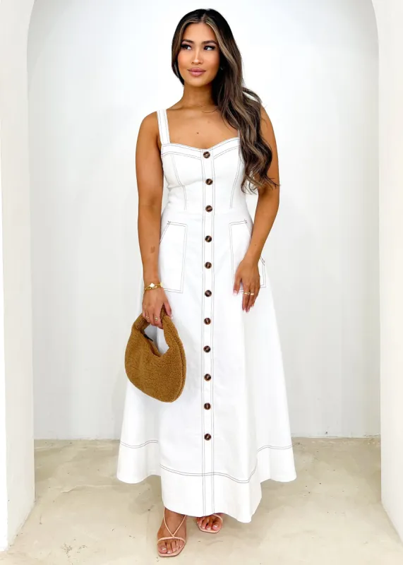 Millenia Stretch Denim Midi Dress - Off White sold by Gingham & Heels