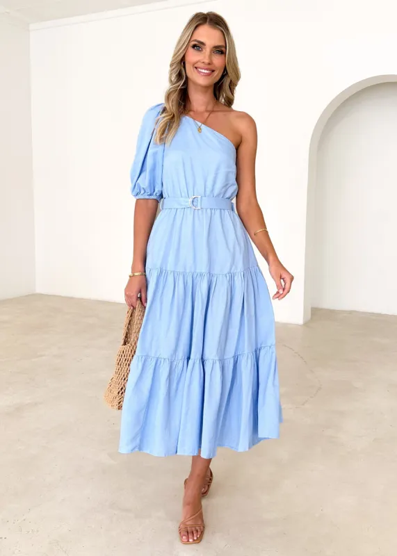 Jelai One Shoulder Midi Dress - Blue sold by Gingham & Heels