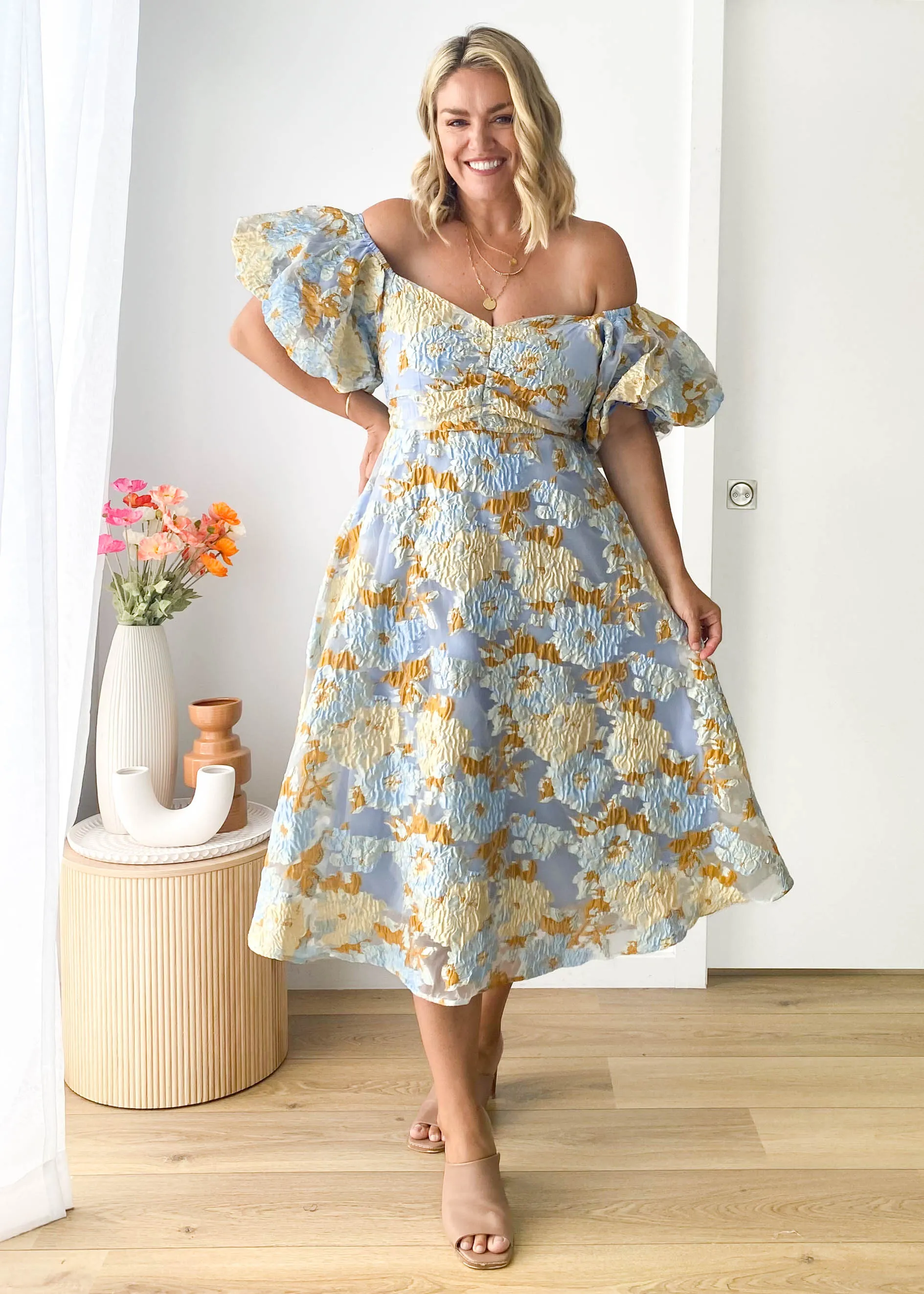 tulliah off shoulder midi dress Tulliah Off Shoulder Midi Dress - Blue Jacquard