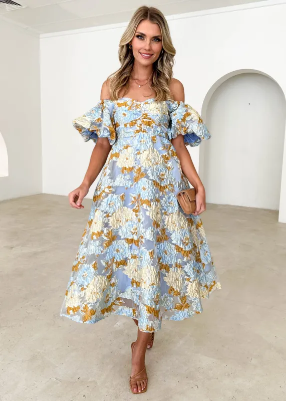 Tulliah Off Shoulder Midi Dress - Blue Jacquard sold by Gingham & Heels