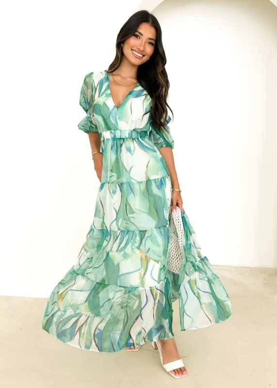 Armella Maxi Dress - Green Watercolour sold by Gingham & Heels