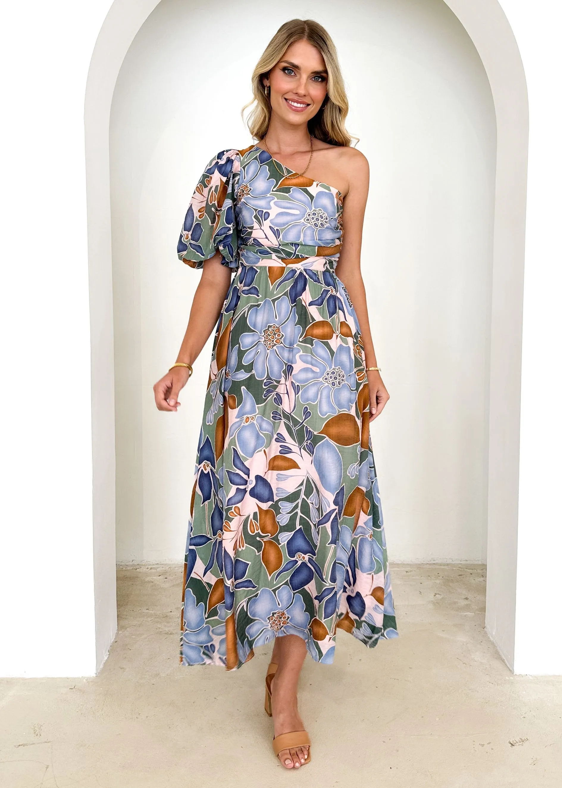 Kelsey One Shoulder Midi Dress - Blue Floral sold by Gingham & Heels product image thumbnail 5