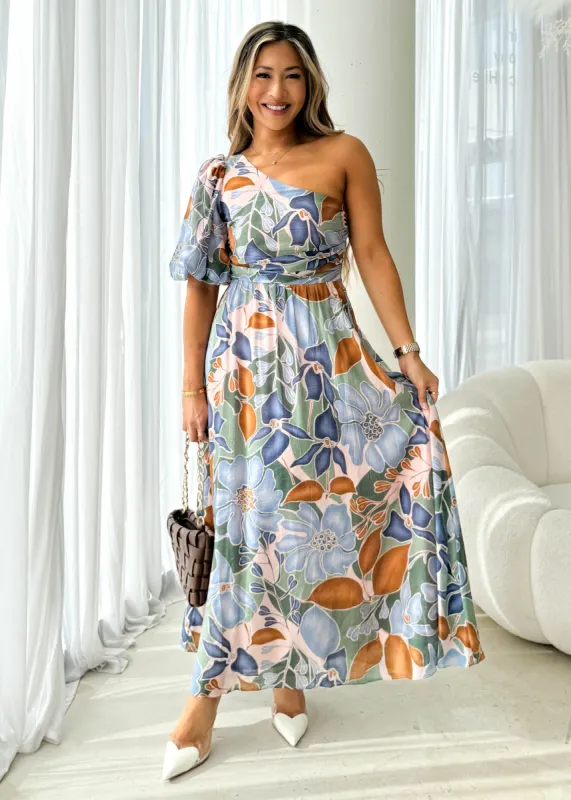 Kelsey One Shoulder Midi Dress - Blue Floral sold by Gingham & Heels