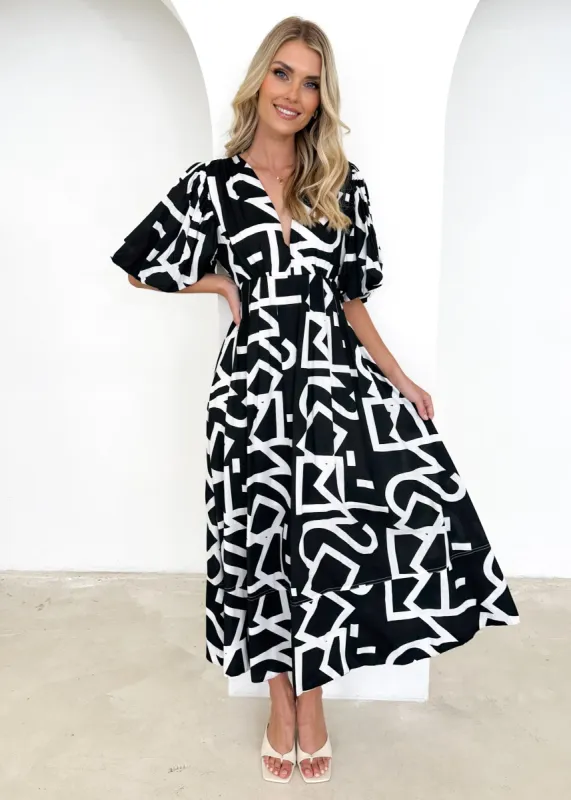 Madelaine Midi Dress - Black Abstract sold by Gingham & Heels
