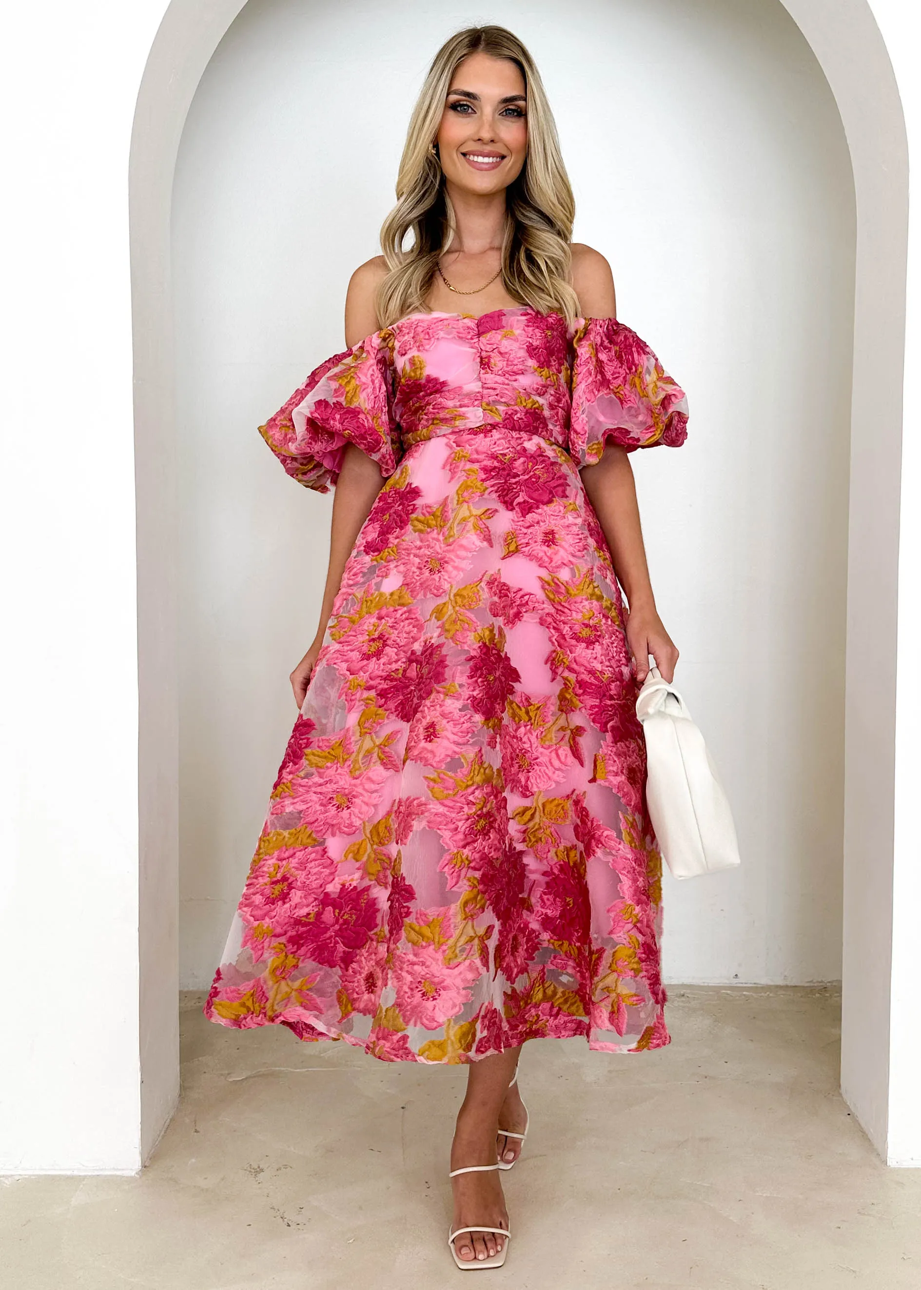 Tulliah Off Shoulder Midi Dress - Pink Jacquard sold by Gingham & Heels product image thumbnail 2