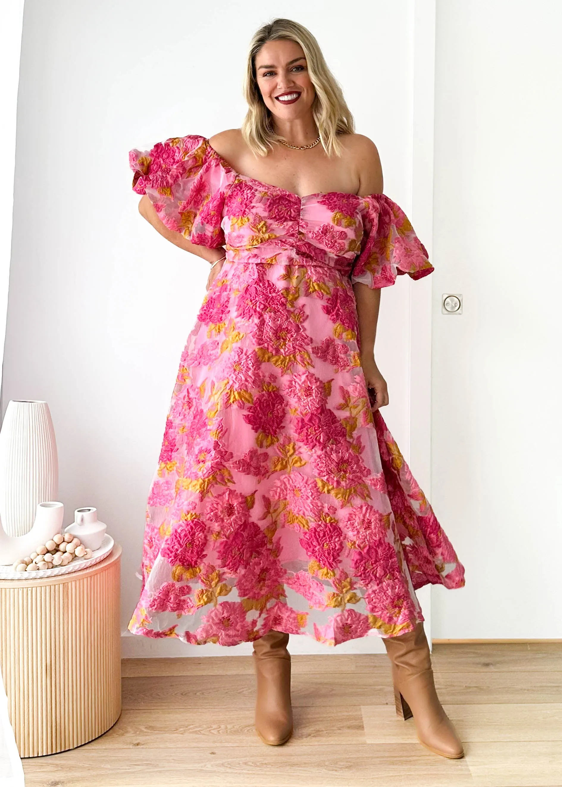 Tulliah Off Shoulder Midi Dress - Pink Jacquard sold by Gingham & Heels product image thumbnail 3