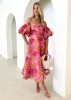 Tulliah Off Shoulder Midi Dress - Pink Jacquard sold by Gingham & Heels