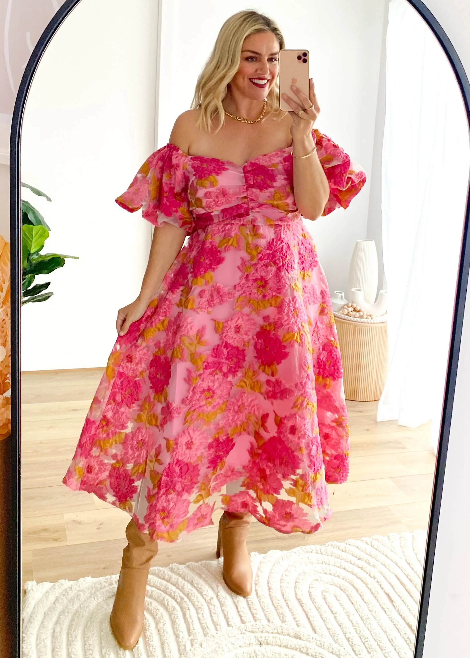 Tulliah Off Shoulder Midi Dress - Pink Jacquard sold by Gingham & Heels product image thumbnail 4