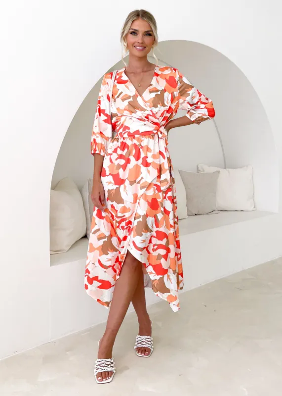 Rylani Midi Dress - Orange Fusion sold by Gingham & Heels