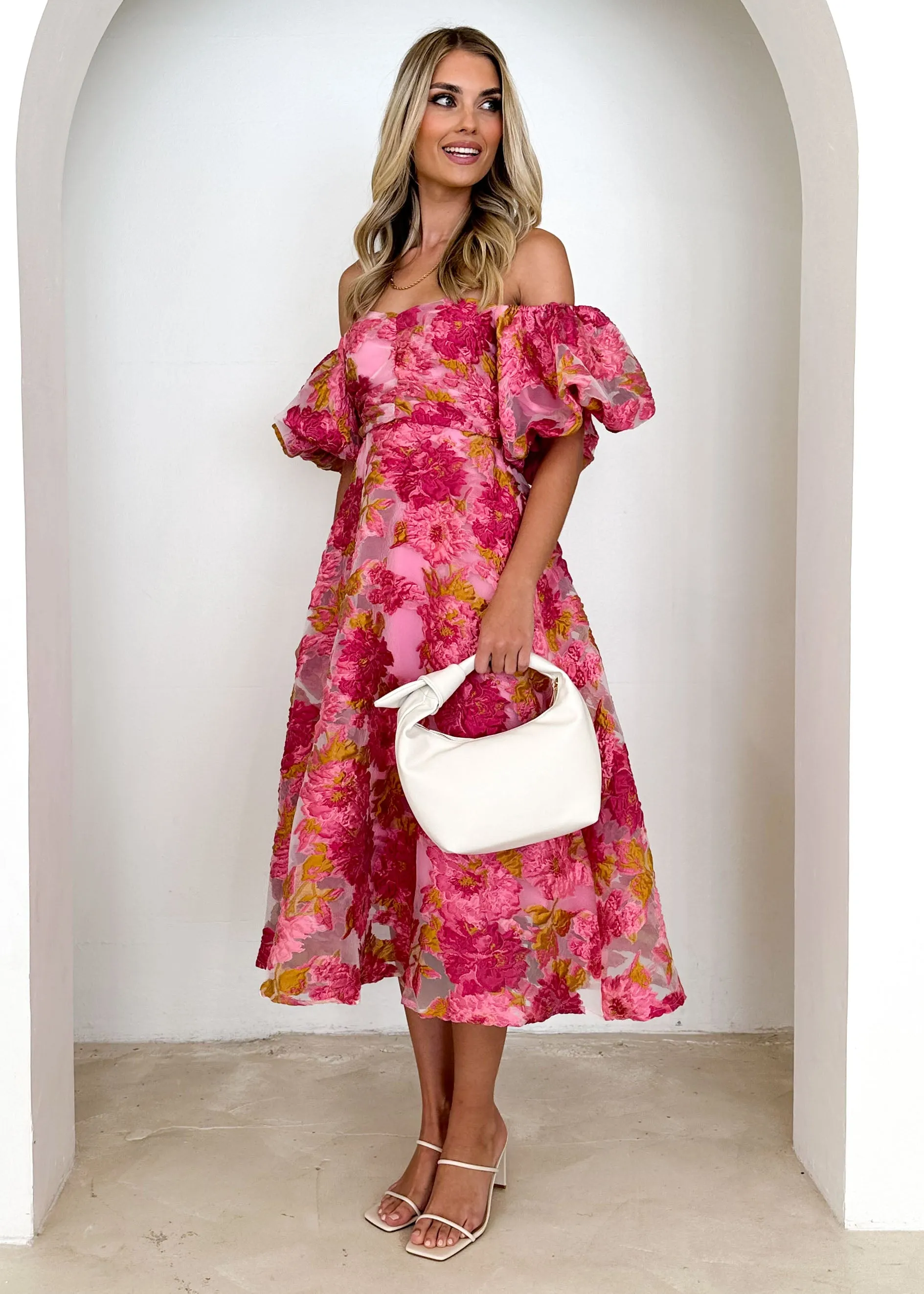 Tulliah Off Shoulder Midi Dress - Pink Jacquard sold by Gingham & Heels product image thumbnail 5