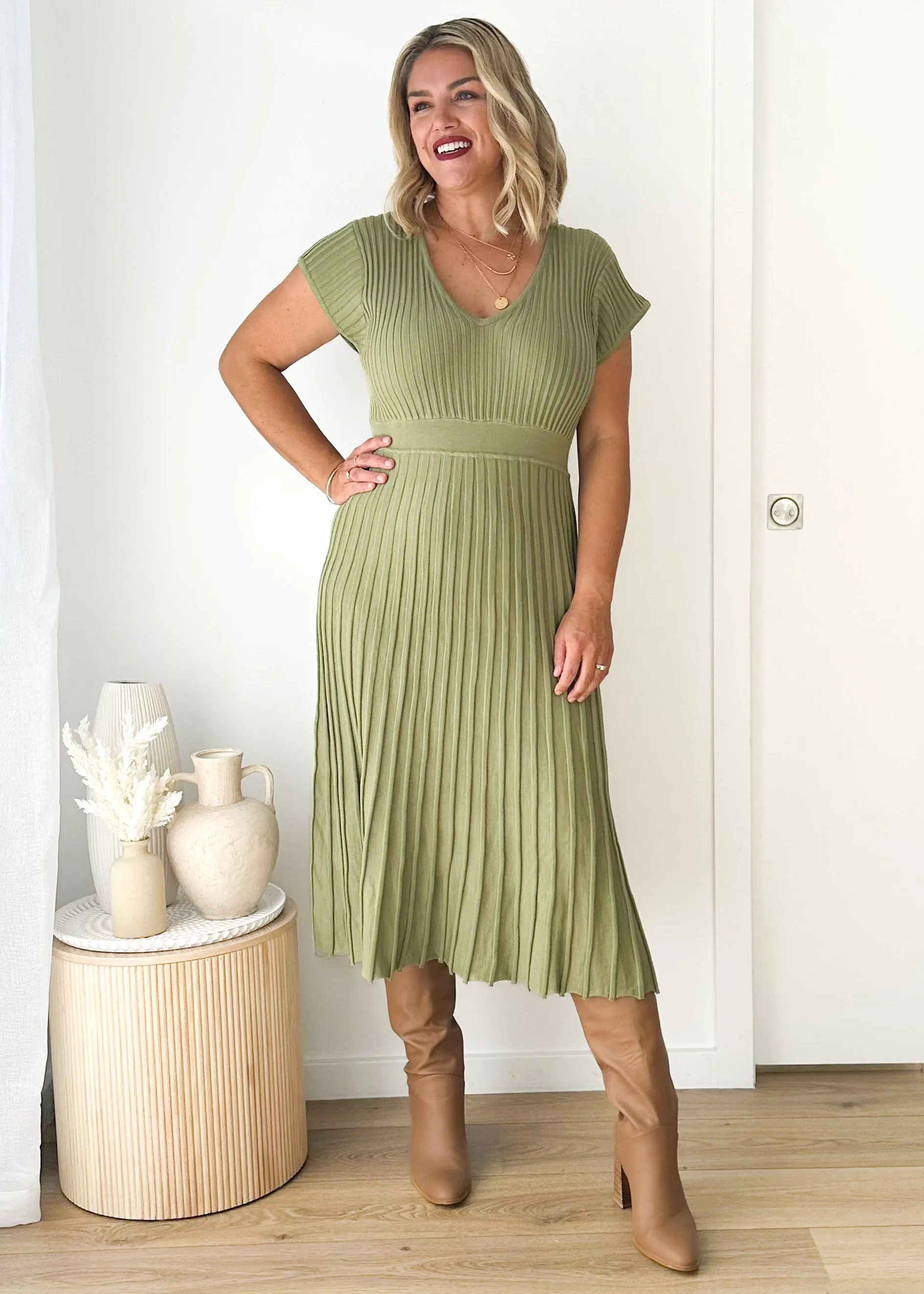 Zevah Knit Midi Dress - Olive sold by Gingham & Heels product image thumbnail 2