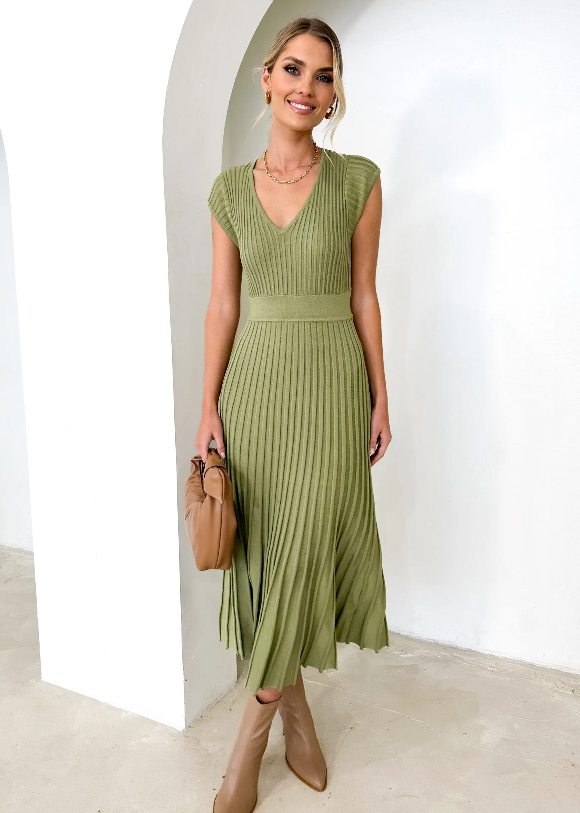 Zevah Knit Midi Dress - Olive sold by Gingham & Heels product image thumbnail 5