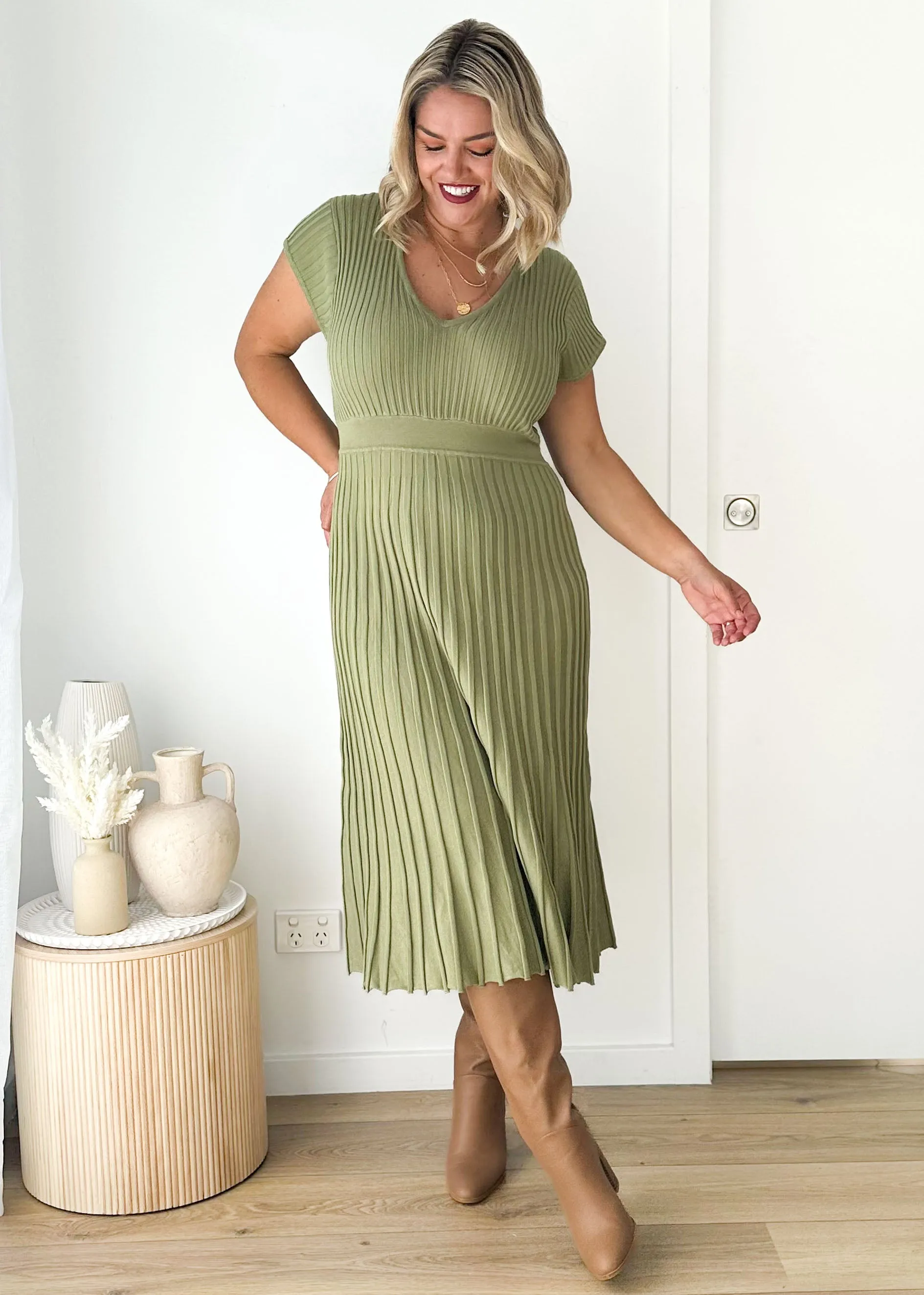 Zevah Knit Midi Dress - Olive sold by Gingham & Heels product image thumbnail 4