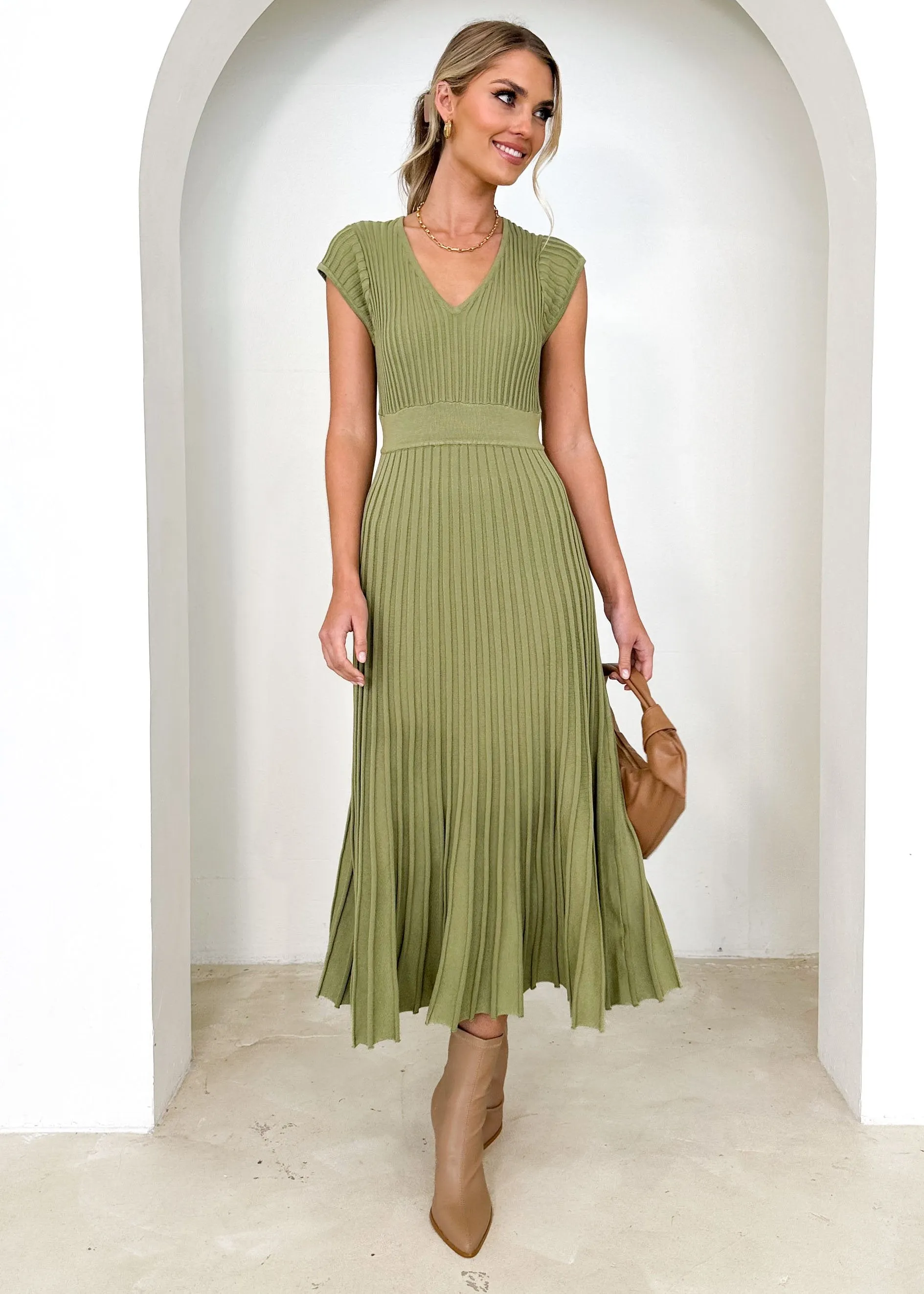 Zevah Knit Midi Dress - Olive sold by Gingham & Heels product image thumbnail 3