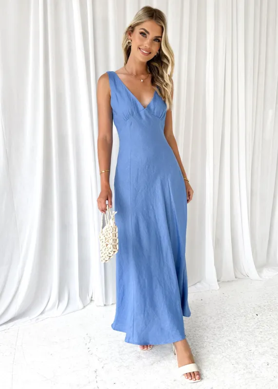 Nestie Linen Midi Dress - Cornflower Blue sold by Gingham & Heels