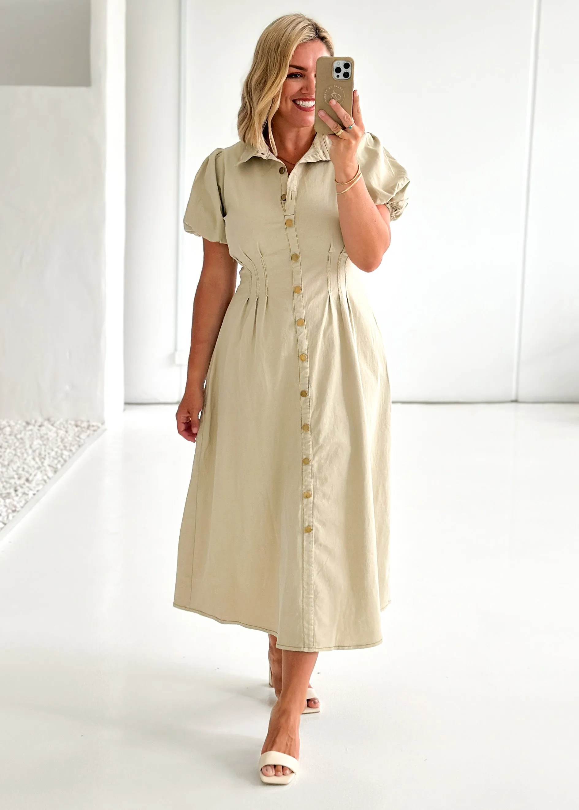 Nekkie Stretch Denim Midi Dress - Oat sold by Gingham & Heels product image thumbnail 4