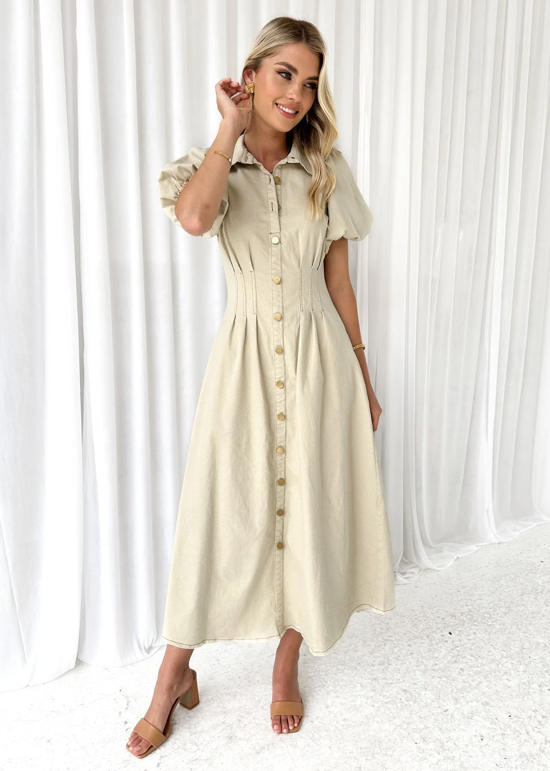 Nekkie Stretch Denim Midi Dress - Oat sold by Gingham & Heels product image thumbnail 3