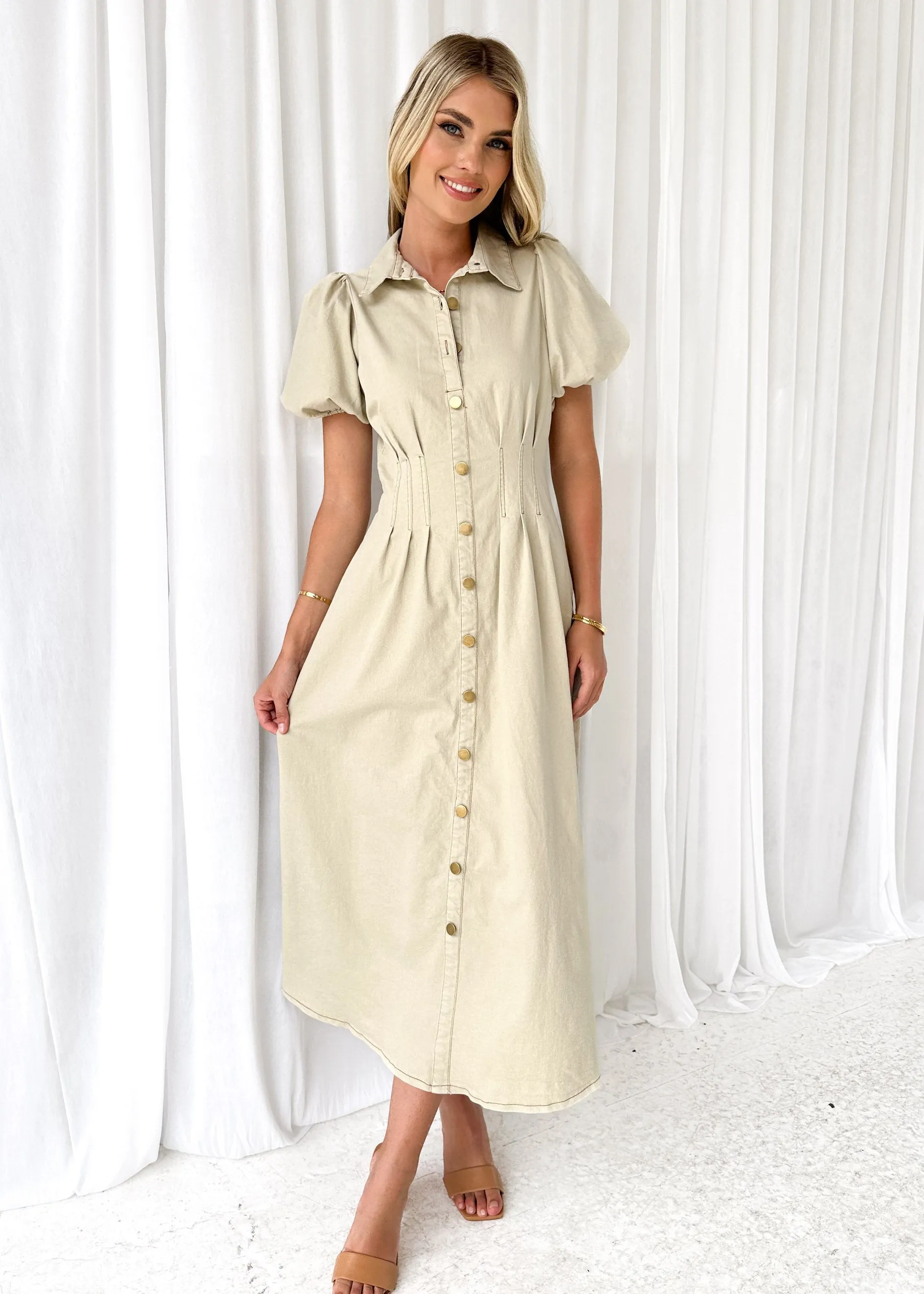 Nekkie Stretch Denim Midi Dress - Oat sold by Gingham & Heels product image thumbnail 5