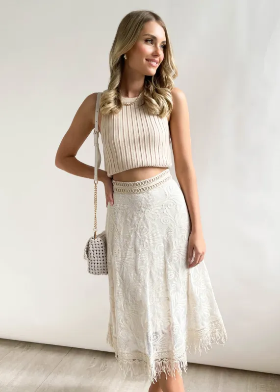 Andree Lace Midi Skirt - Sand sold by Gingham & Heels