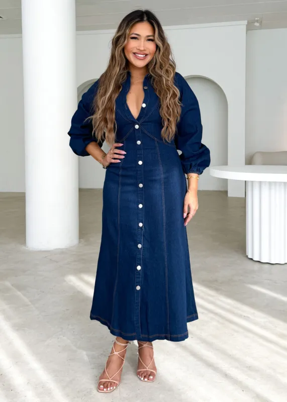 Cooper Denim Midi Dress - Indigo sold by Gingham & Heels