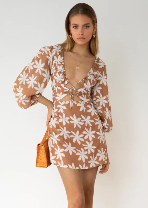 Italian Romance Cut Out Dress - Tan Floral sold by Gingham & Heels