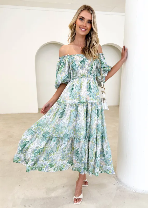 Irma Off Shoulder Midi Dress - Green Floral sold by Gingham & Heels