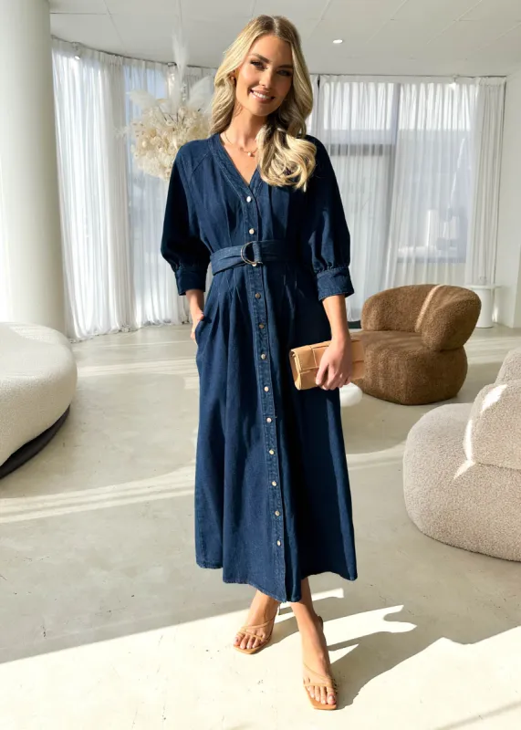 Lyone Denim Midi Dress - Indigo sold by Gingham & Heels