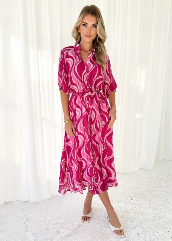 Riall Midi Dress - Pink Swirl sold by Gingham & Heels