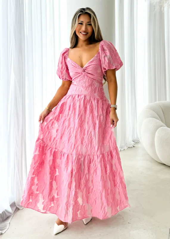 Sandra Maxi Dress - Candy Pink Jacquard sold by Gingham & Heels