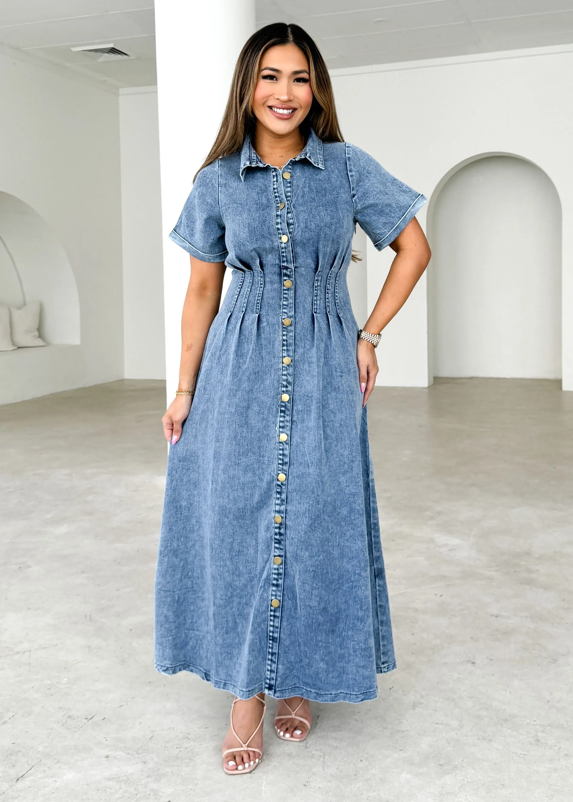 Annika Denim Midi Dress - Washed Blue sold by Gingham & Heels