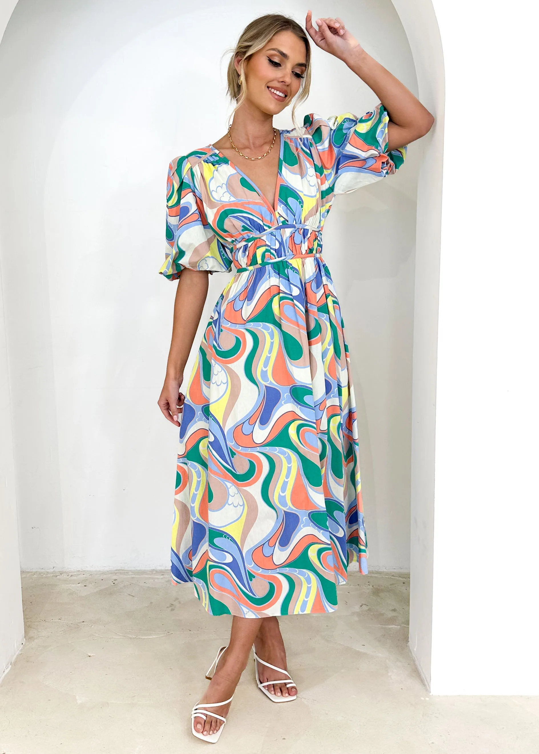 Zanette Midi Dress - Green Multi sold by Gingham & Heels