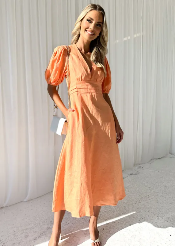 Bakari Linen Midi Dress - Orange sold by Gingham & Heels