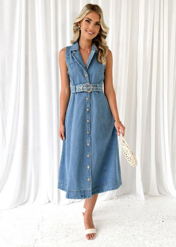 Tremery Denim Midi Dress	 - Light Blue sold by Gingham & Heels