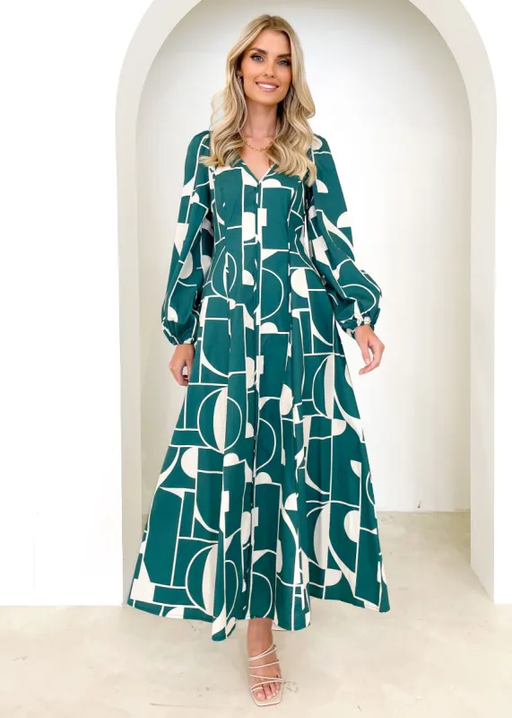 Maranta Midi Dress - Green Geo sold by Gingham & Heels