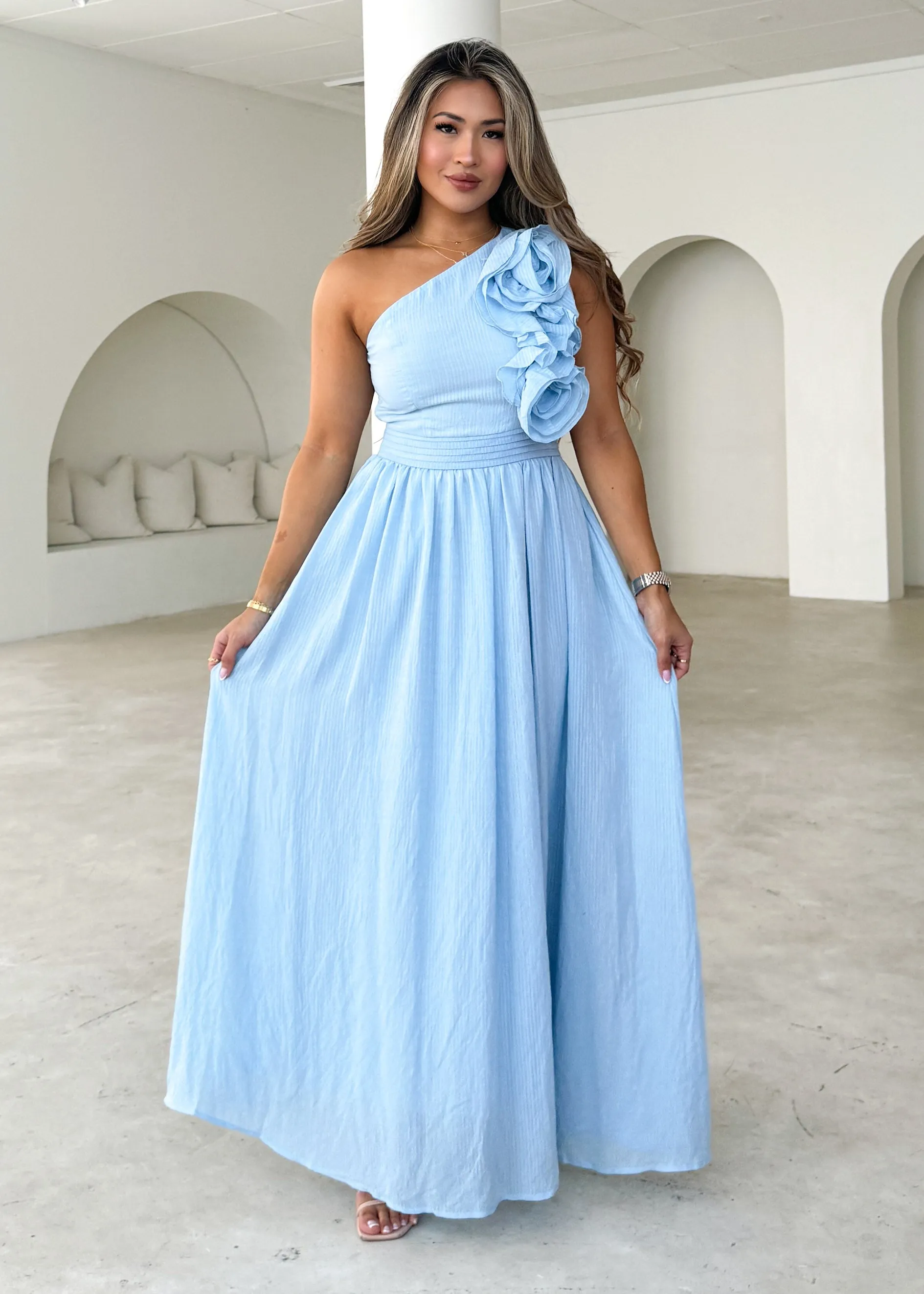 Essja One Shoulder Midi Dress - Soft Blue sold by Gingham & Heels