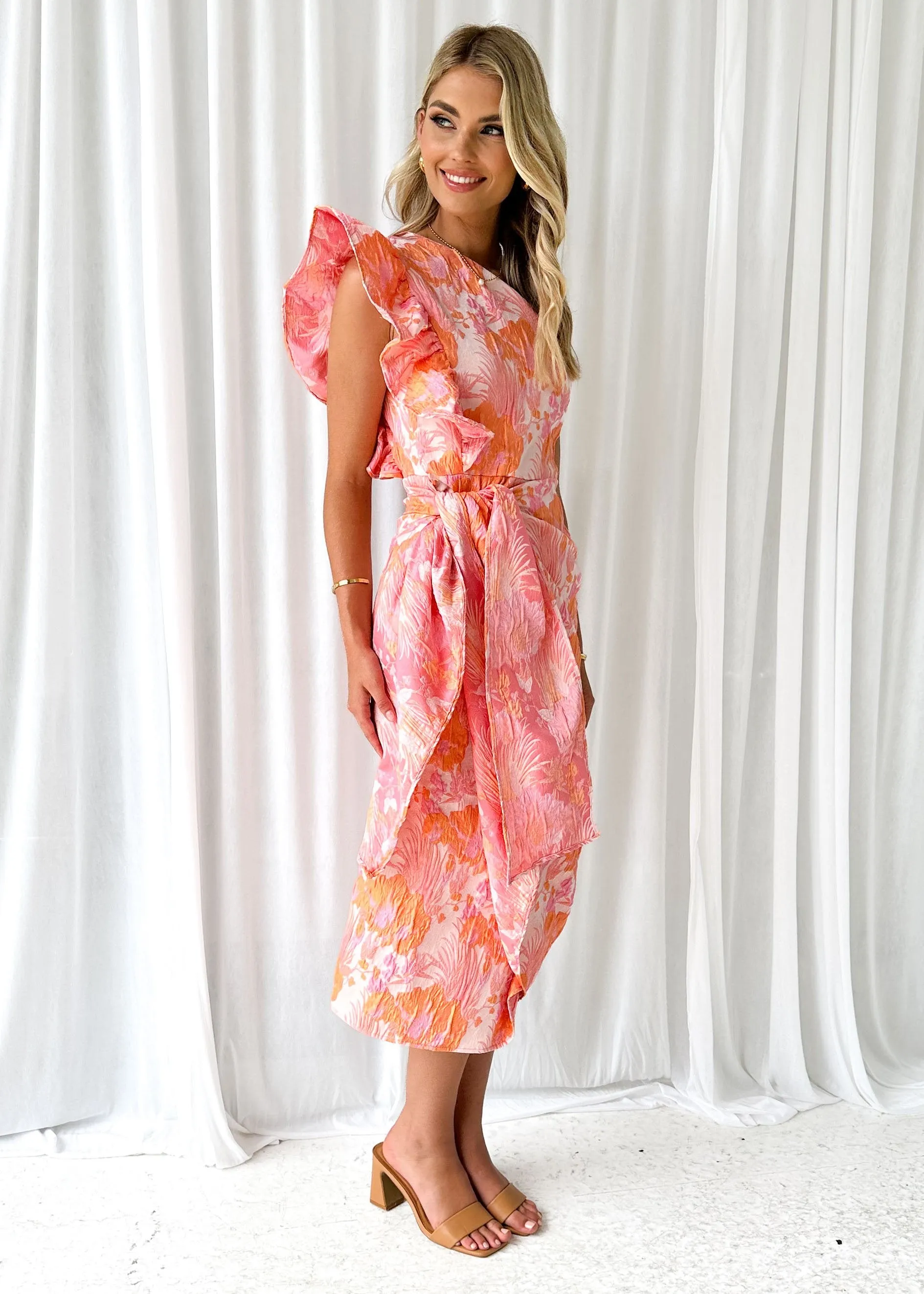 Lushie One Shoulder Midi Dress - Peach Jacquard | Parallel