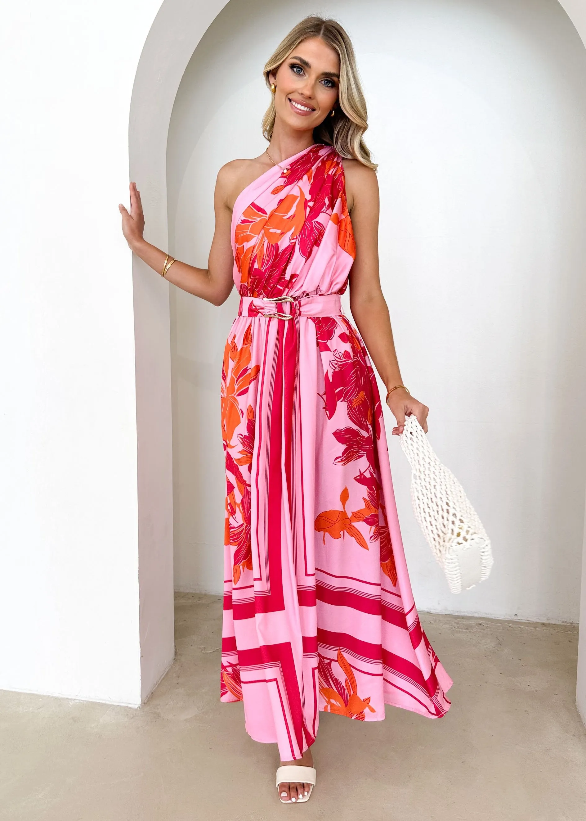 Korah One Shoulder Midi Dress - Pink Flowers sold by Gingham & Heels product image thumbnail 3