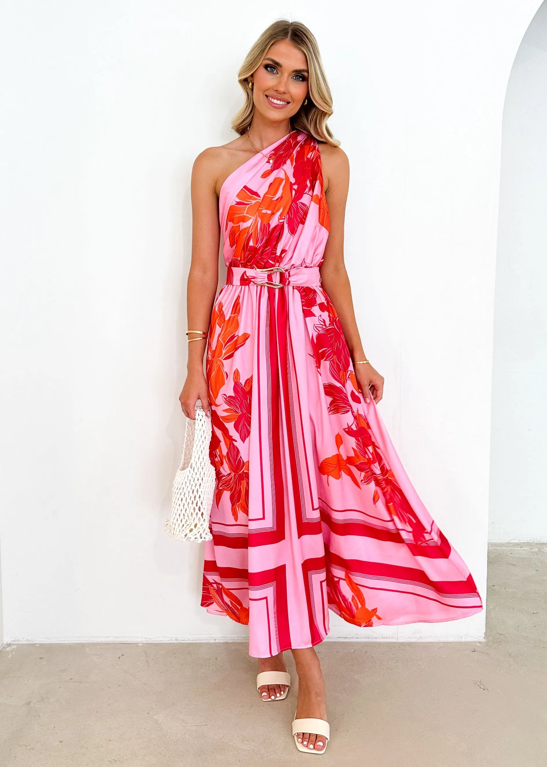 Korah One Shoulder Midi Dress - Pink Flowers sold by Gingham & Heels product image thumbnail 4