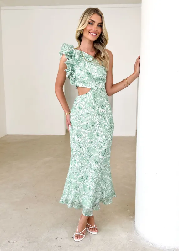 Adelia One Shoulder Midi Dress - Green Floral sold by Gingham & Heels