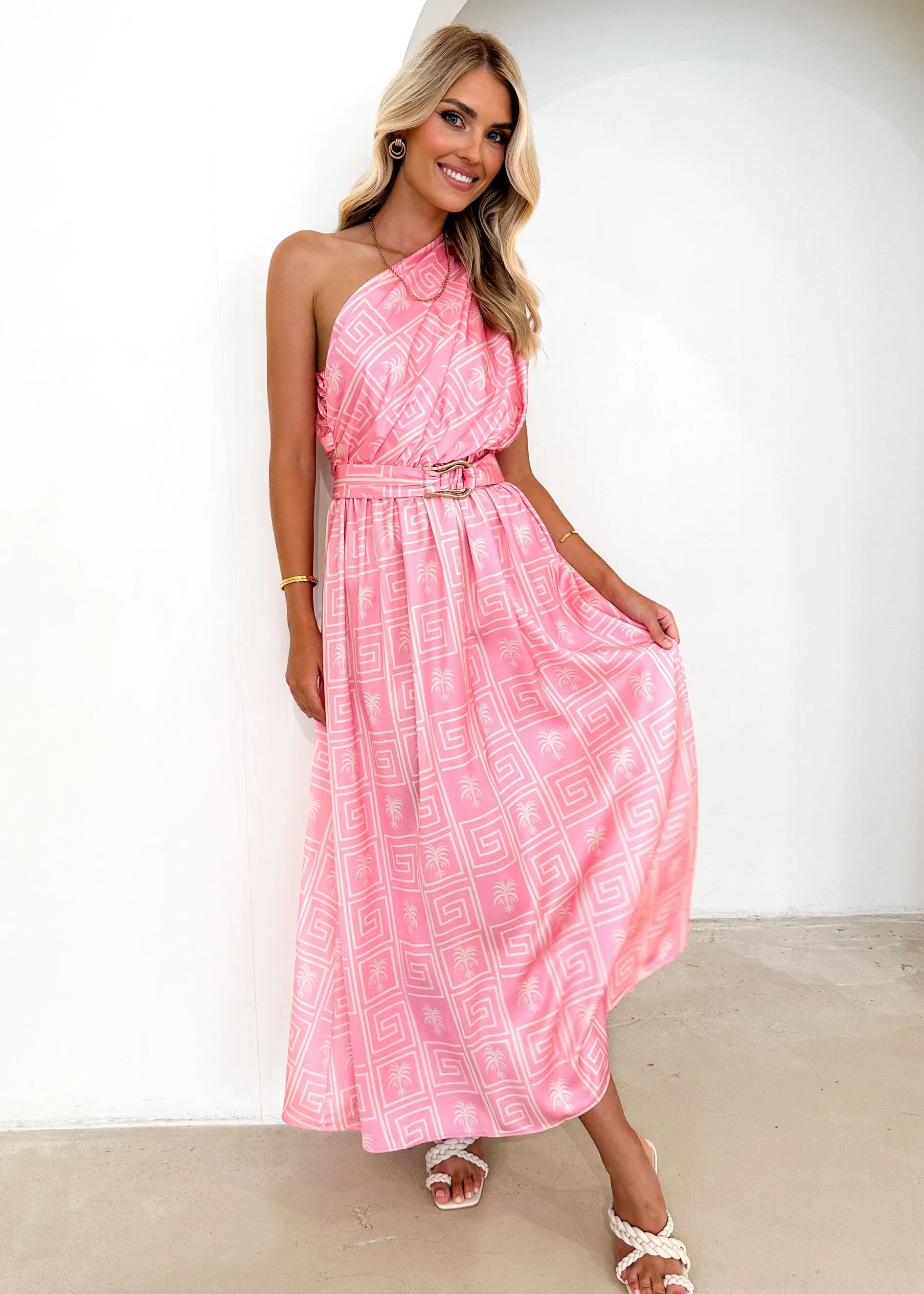 Korah One Shoulder Midi Dress - Pink Palm sold by Gingham & Heels product image thumbnail 5