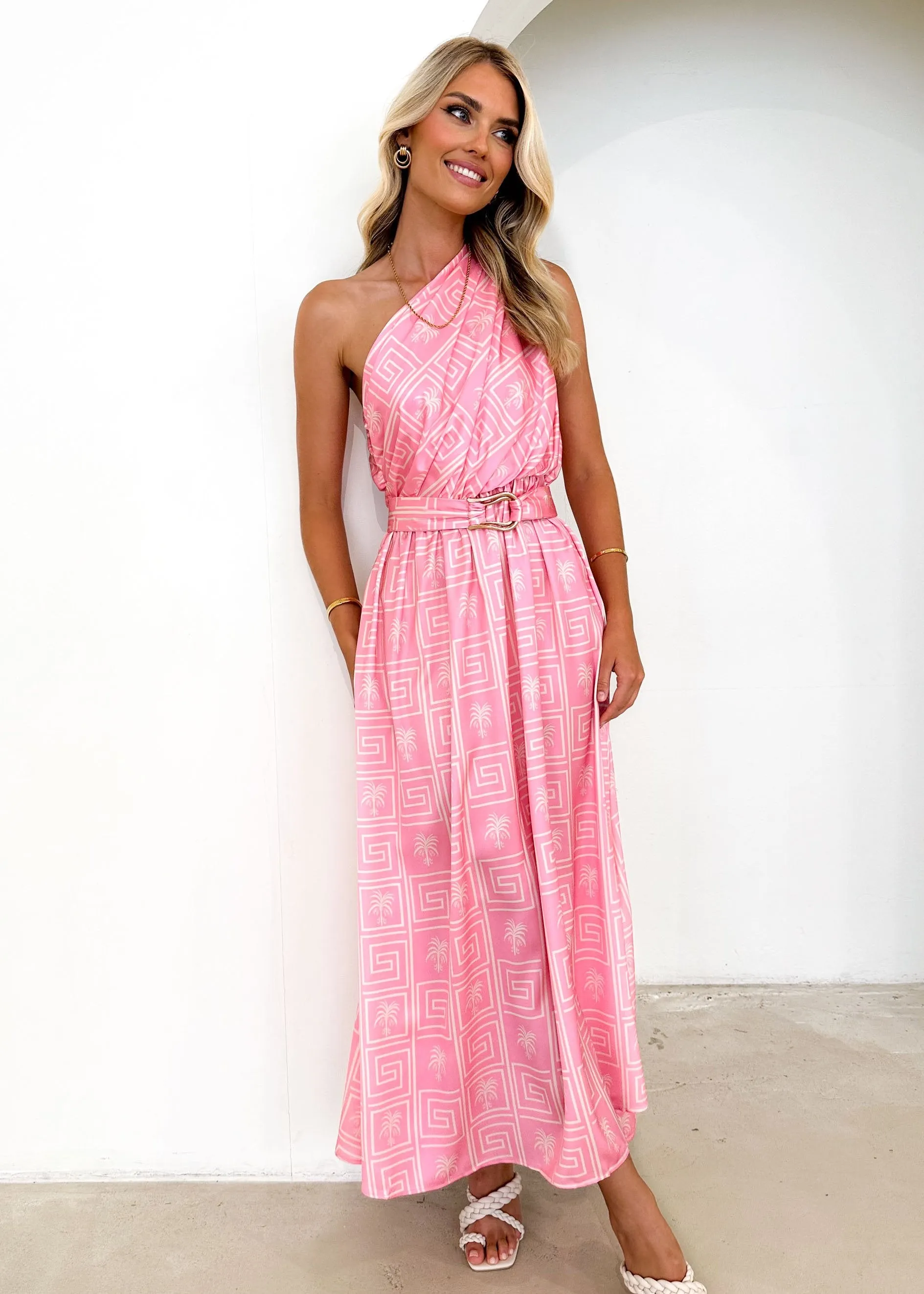 Korah One Shoulder Midi Dress - Pink Palm sold by Gingham & Heels product image thumbnail 3