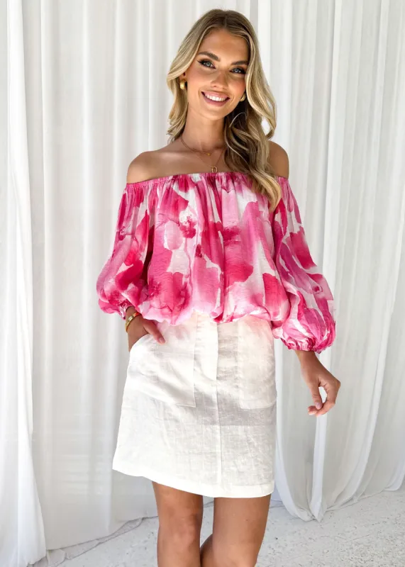 Vida Off Shoulder Blouse - Pink Watercolour sold by Gingham & Heels