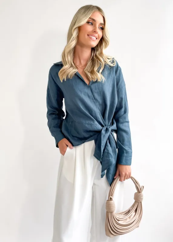 Arie Linen Blouse - Teal sold by Gingham & Heels