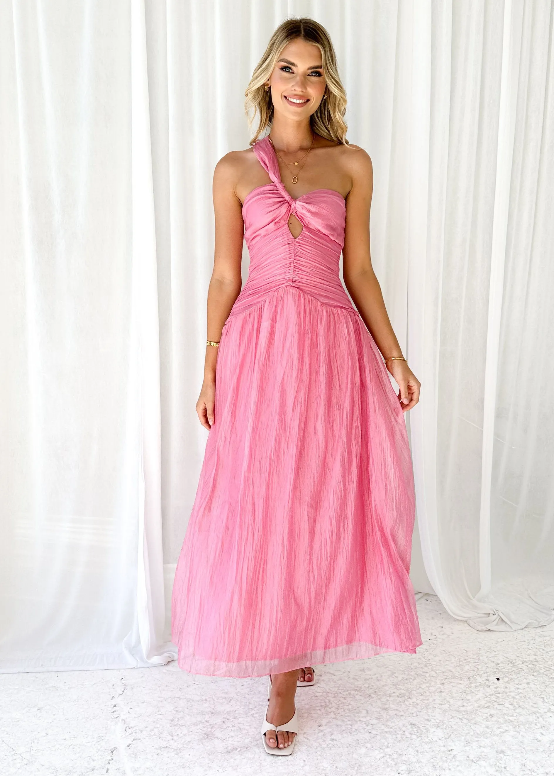 Obie One Shoulder Midi Dress - Pink sold by Gingham & Heels
