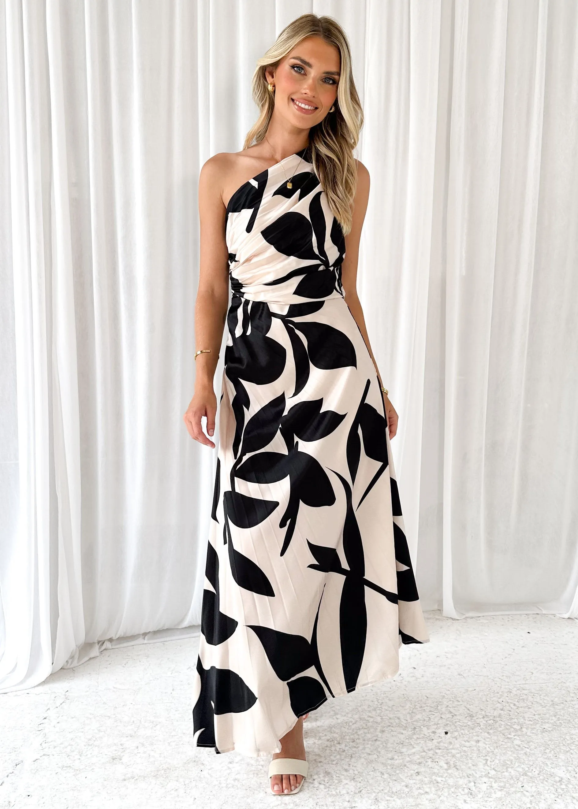 Telle One Shoulder Midi Dress - Champagne Leaf sold by Gingham & Heels