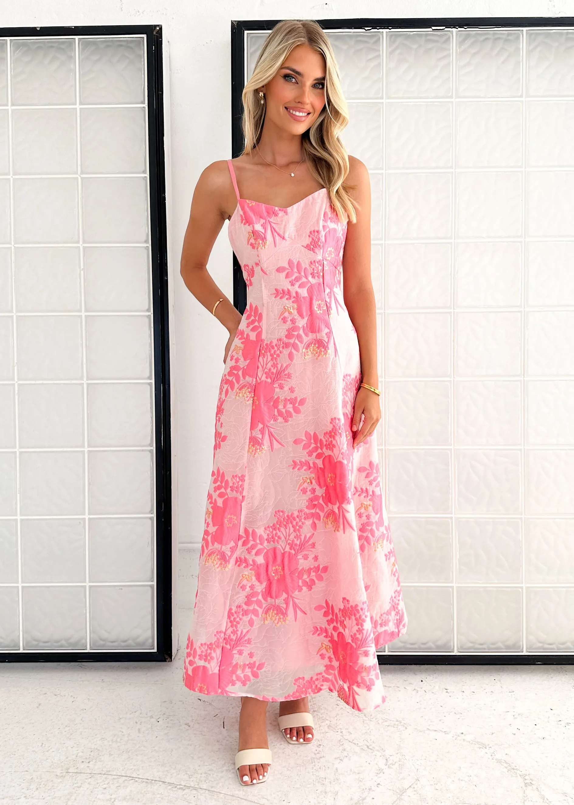 Tralentina Midi Dress - Pink Brocade sold by Gingham & Heels product image thumbnail 3