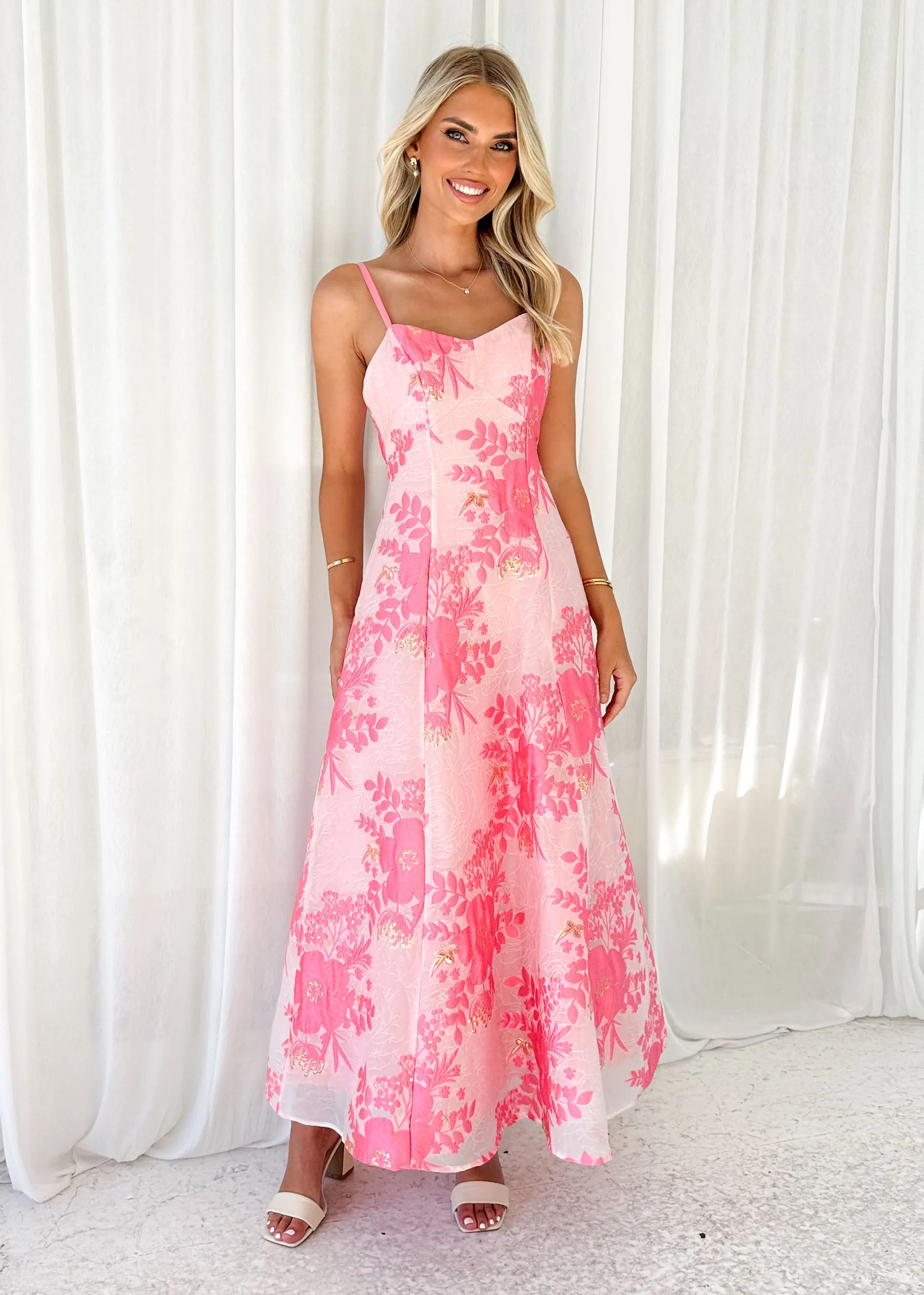 Tralentina Midi Dress - Pink Brocade sold by Gingham & Heels