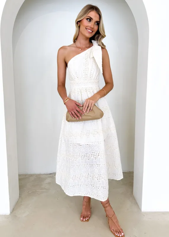 Rova One Shoulder Midi Dress - White Anglaise sold by Gingham & Heels