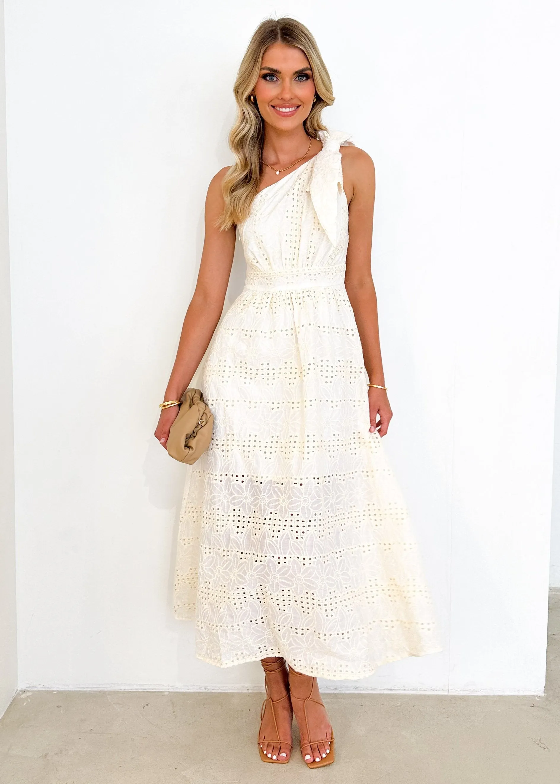 Rova One Shoulder Midi Dress - White Anglaise sold by Gingham & Heels product image thumbnail 4